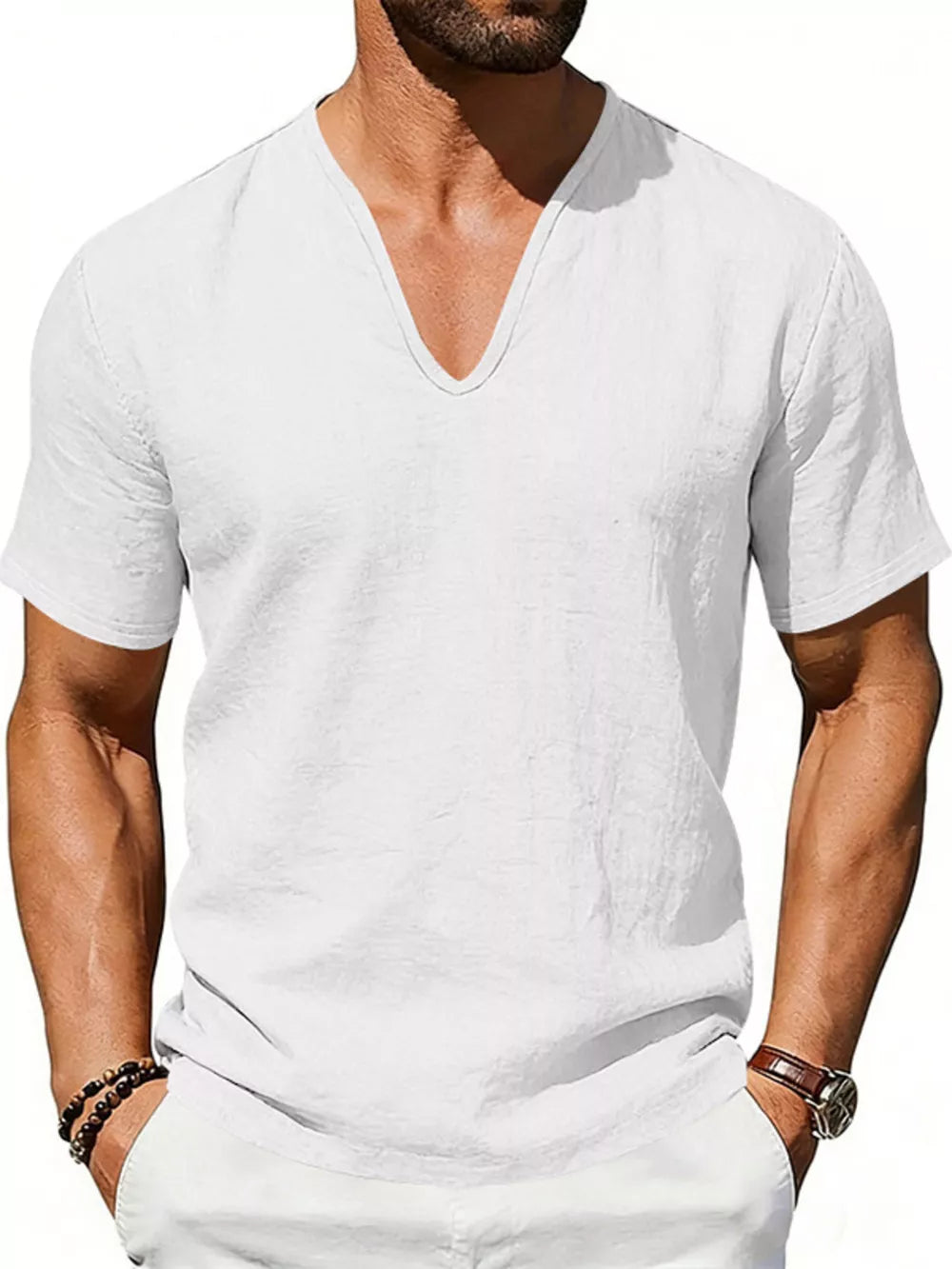 Men's white V-neck linen blend t-shirt with short sleeves and a relaxed fit.