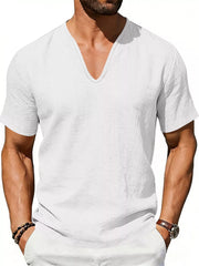 Men's white V-neck linen blend t-shirt with short sleeves and a relaxed fit.