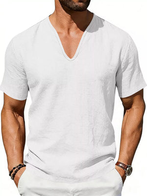 Men's white V-neck linen blend t-shirt with short sleeves and a relaxed fit.
