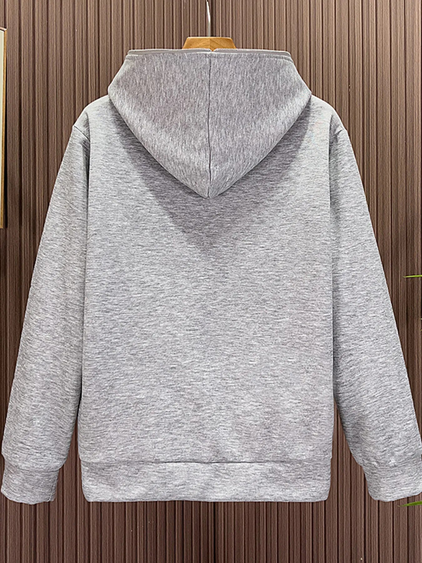 Men's gray zippered long-sleeve hoodie with a hood and ribbed cuffs and hem.