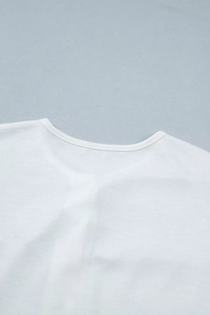 White polyester maternity t-shirt with a round neckline and short sleeves.