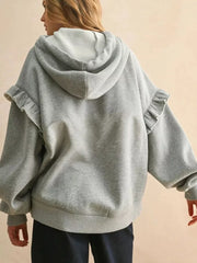 Contrast Rope Drawstring Ruffle Hoodie in Gray, side view