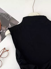 Black textured ruching mock neck tank top with draped detail