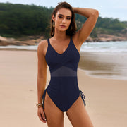 Dark Navy cross-front mesh panel swimsuit with ruched sides and V-neck.