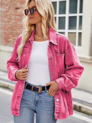 Fuchsia denim oversized shacket with button-down front and chest pockets.