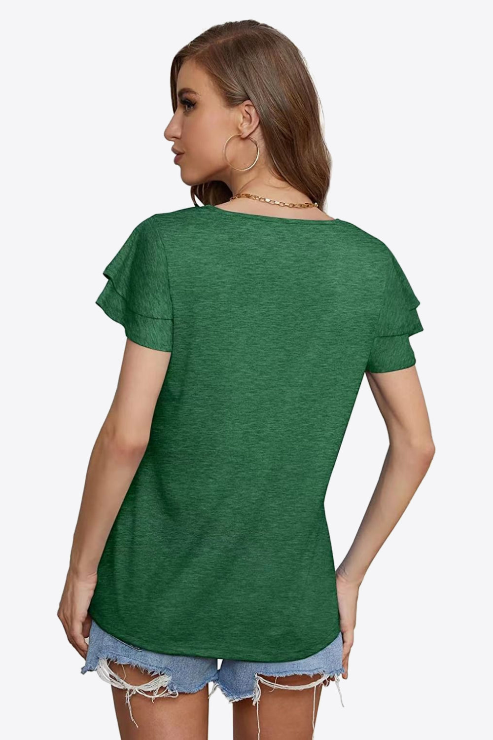 Forest green blouse with tiered short sleeves and a keyhole neckline.