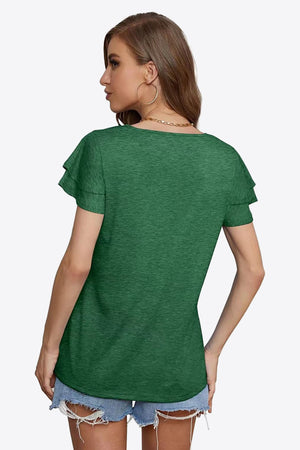 Forest green blouse with tiered short sleeves and a keyhole neckline.