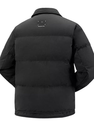 Black padded puffer jacket with a collar and a small rectangular detail on the back.
