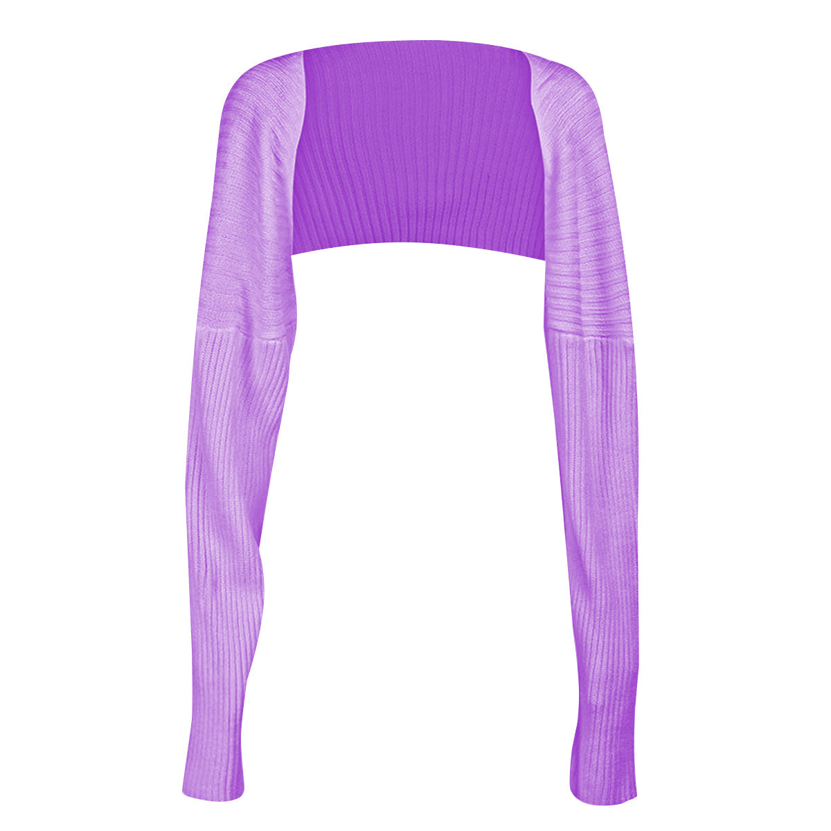 Ribbed knit shrug in lavender with extended sleeves and a cropped fit.