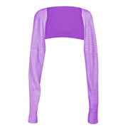 Ribbed knit shrug in lavender with extended sleeves and a cropped fit.