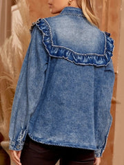Denim ruffle button-down shirt with vintage wash and long sleeves.