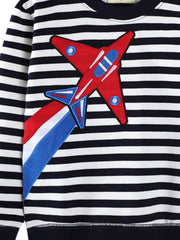 Black striped sweatshirt with red airplane applique and red, white, and blue tail.
