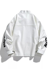 Oversized ivory leather jacket with black text detail on sleeves.