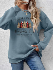 Christmas graphic crewneck sweatshirt in Misty Blue with buffalo plaid and leopard print trees.