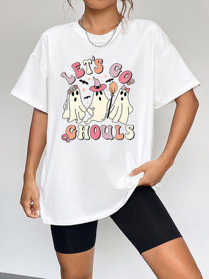 White t-shirt with retro ghost graphic and text Let's Go Ghouls