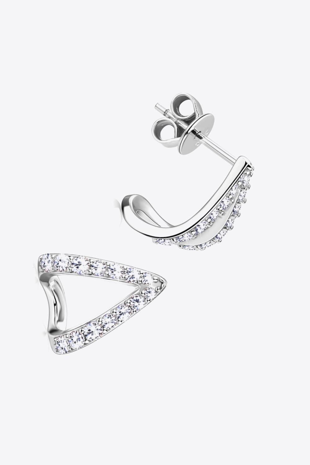 Silver geometric moissanite open-hoop earrings with pavé-set stones.
