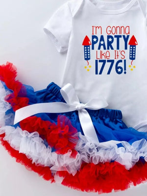 Baby patriotic outfit with "I'm Gonna PARTY Like It's 1776!" graphic and ruffled tutu skirt.