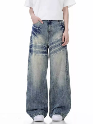 Distressed vintage wide-leg men's jeans in blue denim with a faded wash and whiskering details.