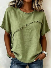 Green frayed hem relaxed-fit short sleeve shirt with asymmetrical detail.
