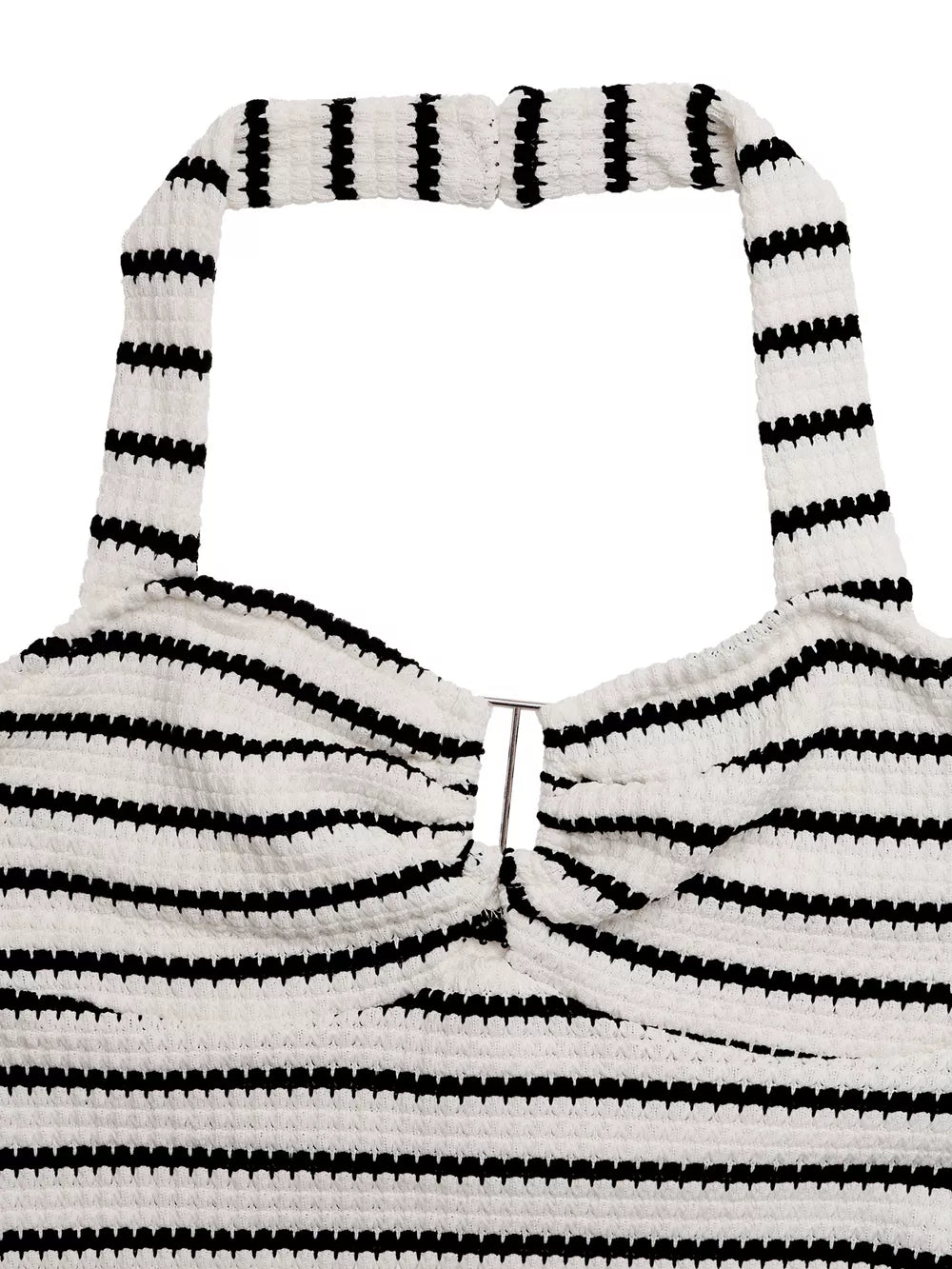White and black striped knit halter mini dress with cutout detail.