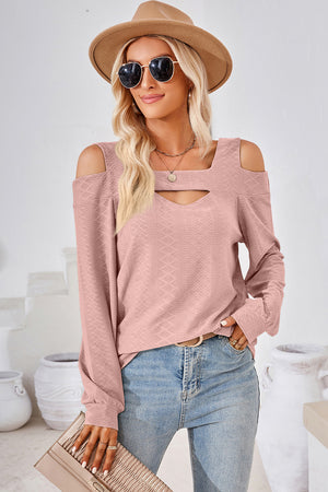 Blush pink geometric cutout shoulder long sleeve top with a square neckline.