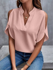 Blush pink open-shoulder blouse with mandarin collar and V-neck detail