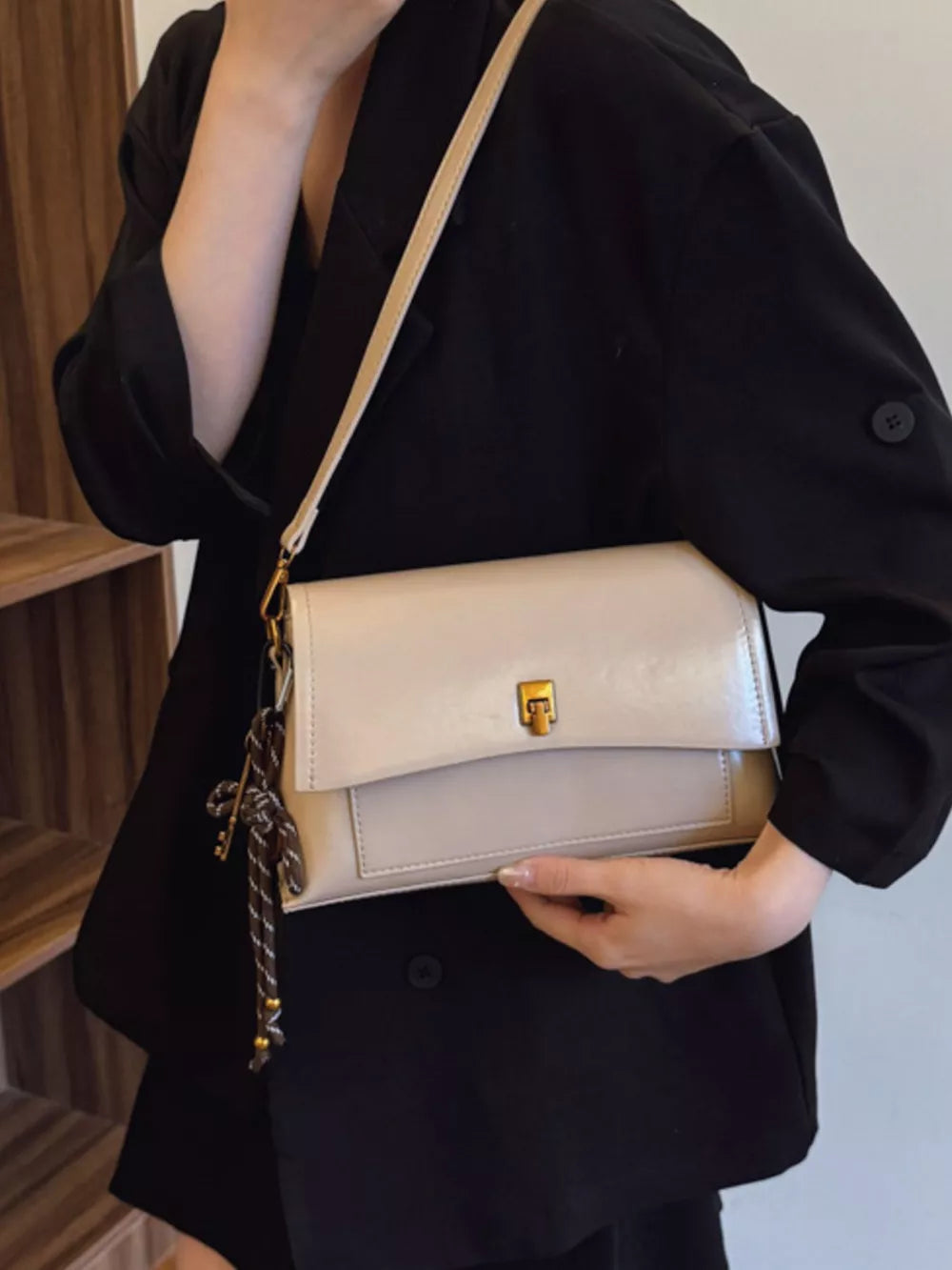 Leather Flap Shoulder Bag in Off-white, front view