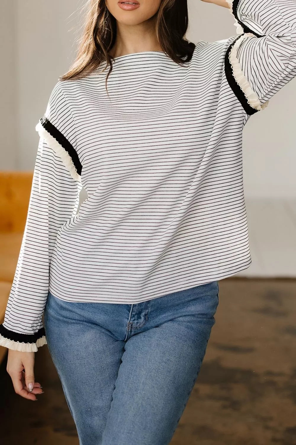 Stripe Contrasted Ruffle Trim Loose Long Sleeve Top in Stripe, close-up detail