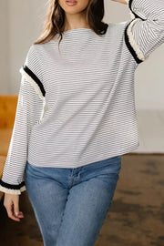 Stripe Contrasted Ruffle Trim Loose Long Sleeve Top in Stripe, close-up detail