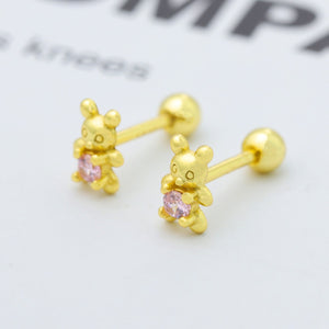 Gold bear stud earrings with pink zircon stones