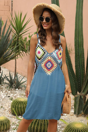 Dusty Blue maxi dress with a colorful crochet yoke and V-neckline.
