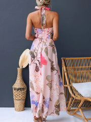 Pink floral halter neck maxi dress with lace-up back detail