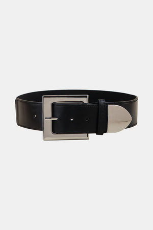 Black faux leather belt with a bold silver square buckle and pointed tip.
