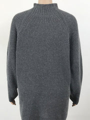 Charcoal ribbed knit cocoon turtleneck dress with long sleeves.