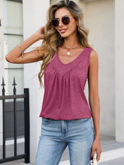 Gathered pleat V-neck tank top in burgundy with a relaxed fit.