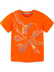 Orange cotton crew-neck t-shirt with playful white octopus graphic and colorful accents.