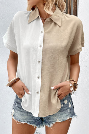 Beige colorblock collared shirt with textured finish and button front.