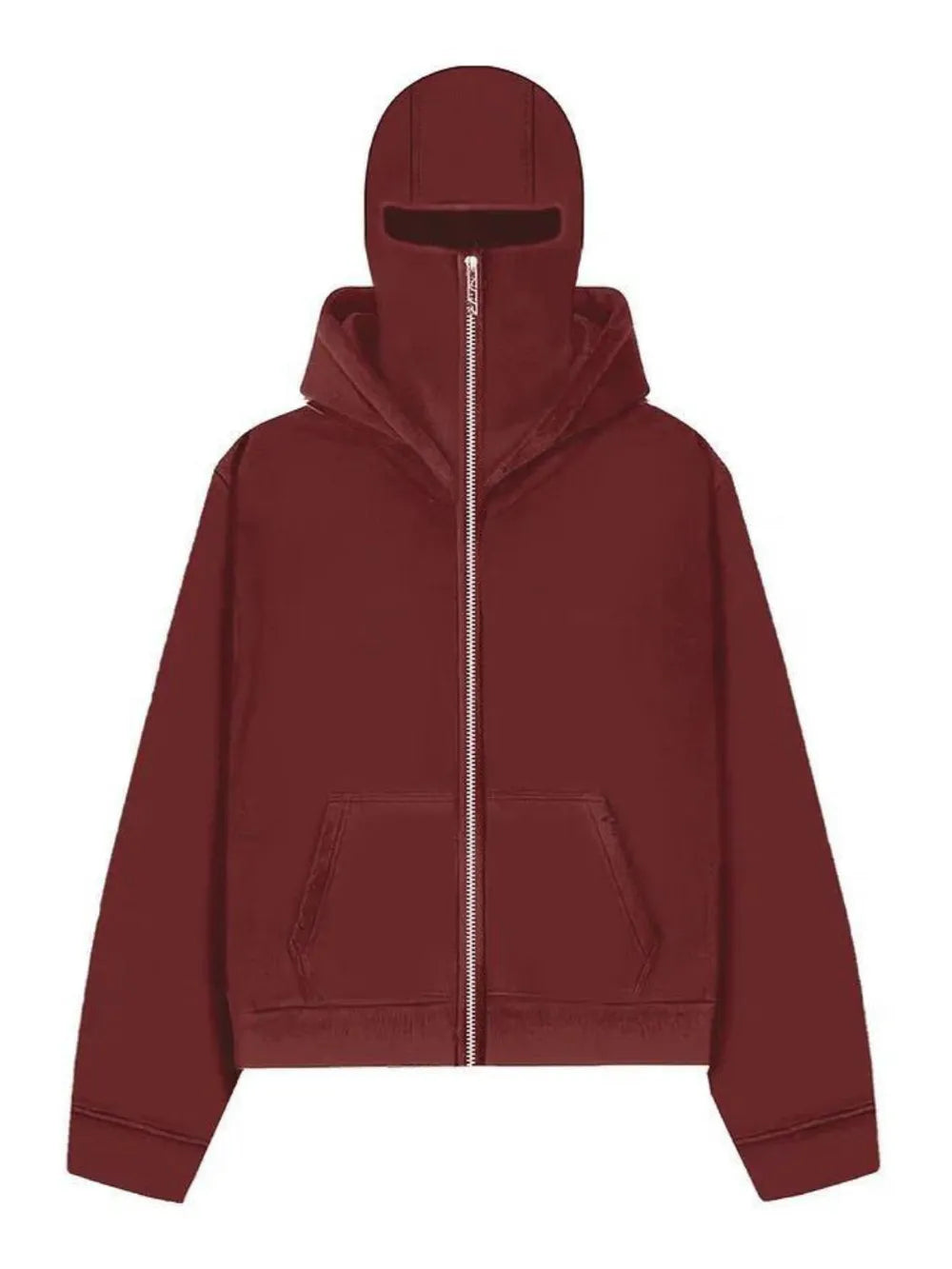 Burgundy zip-up hoodie with integrated balaclava hood and front pocket.