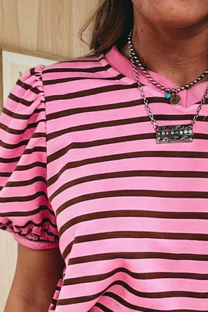Pink and brown striped cotton blend t-shirt with crew neck and puff sleeves
