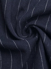Navy cotton jumpsuit with white pinstripes and decorative buttons.