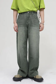 Faded olive wide leg denim jeans with a relaxed fit and classic five-pocket styling.