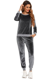 Charcoal velvet lounge set with contrast trim, crewneck sweatshirt and jogger pants.