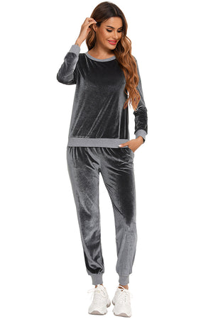 Charcoal velvet lounge set with contrast trim, crewneck sweatshirt and jogger pants.