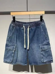 Men's light blue denim cargo shorts with elastic waist and drawstring.