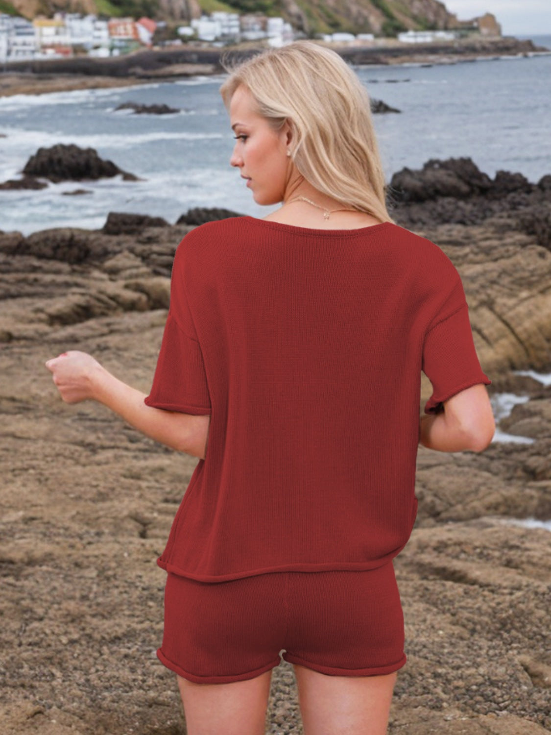 Textured knit co-ord set in scarlet, featuring a relaxed fit top with short sleeves and matching shorts.