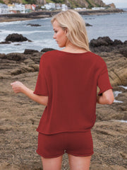 Textured knit co-ord set in scarlet, featuring a relaxed fit top with short sleeves and matching shorts.