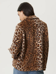 Leopard print faux fur blazer with a buttoned front and collar.