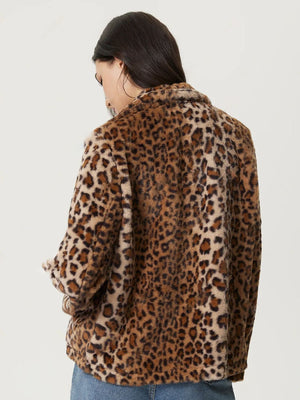 Leopard print faux fur blazer with a buttoned front and collar.