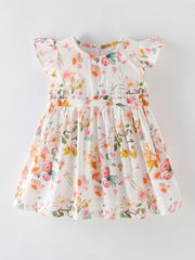 Toddler floral ruffle sleeve dress in white with pink and yellow flowers, cotton blend, gathered waist