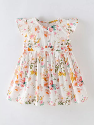 Toddler floral ruffle sleeve dress in white with pink and yellow flowers, cotton blend, gathered waist